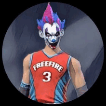 a man wearing a clown mask and a free fire basketball jersey .