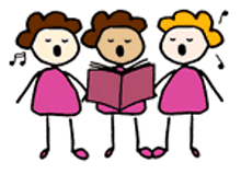 three stick figures are singing in a choir and one is holding a book