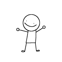 a black and white drawing of a stick figure with a smiling face and arms outstretched .