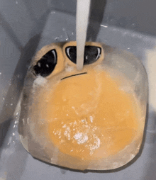 a stuffed animal with sunglasses on is being washed in a sink