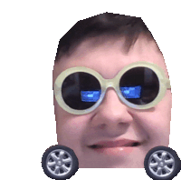 a man wearing sunglasses and a pair of wheels on his face