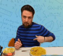 a man in a blue striped shirt is sitting at a table with a bowl of rice