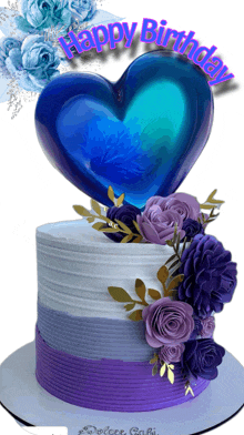 a birthday cake with purple flowers and a blue heart on top