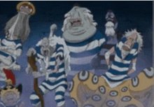 a group of cartoon characters in blue and white stripes