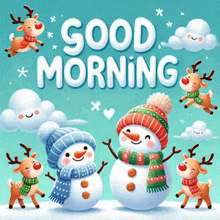 a christmas card with snowmen and reindeer and the words good morning