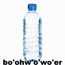 a water bottle with a blue cap and the words bo ' ohwo ' wo ' er below it