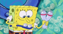 spongebob is brushing his teeth while holding two bottles of toothpaste in his hands .