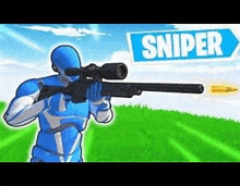 a sniper in a blue suit is holding a sniper rifle in a field .