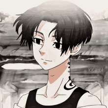 a black and white anime character with a tattoo on his neck