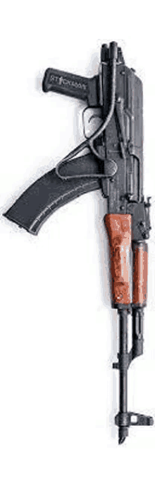 a black assault rifle with a wooden grip and a hose attached to it on a white background .