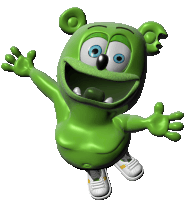 a green gummy bear with its arms outstretched against a white background