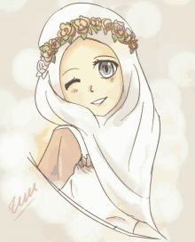 a drawing of a girl wearing a white hijab