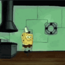 a cartoon of spongebob standing in a kitchen with a life preserver on the wall .