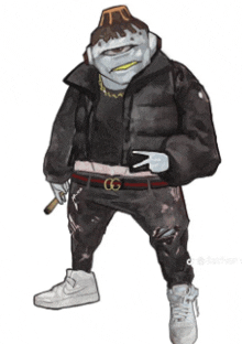 a drawing of a shark wearing a black jacket with a gg belt