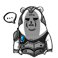 a cartoon of a bear wearing armor with a speech bubble above it .