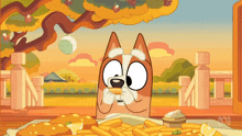 a cartoon of a dog eating french fries with sauce