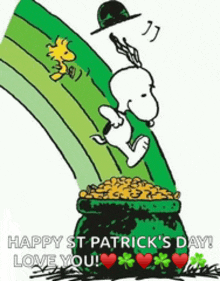 a cartoon of snoopy jumping over a pot of gold