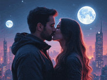 a man and a woman are kissing in front of a city skyline