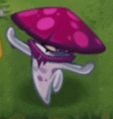 a cartoon mushroom with a purple hat is standing on top of a green field .