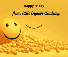 a bunch of yellow smiley faces on a yellow background with happy friday from alln english academy