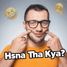 a man with glasses is making a funny face with the words hsna tha kya