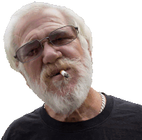 an older man with glasses and a beard is smoking a cigarette