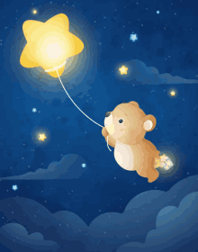 a teddy bear is flying through the night sky holding a star on a string