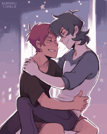 a drawing of two boys hugging with the name ikimaru tumblr on the bottom right