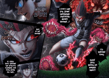 a soccer player is being attacked by a monster and the words near or far are visible