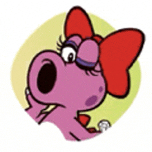 a cartoon illustration of a pink dinosaur with a red bow on its head .