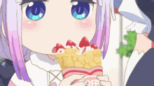 a girl with purple hair is eating a crepe with strawberries on top