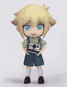 a cartoon character with blonde hair and blue eyes holding a camera