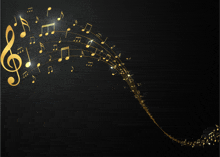 a treble clef is surrounded by gold music notes on a black background