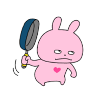 a pink bunny holding a frying pan with a heart on his chest