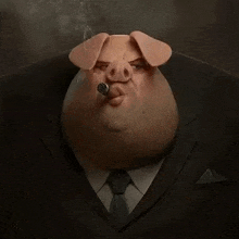 a pig is smoking a cigar in a suit and tie .