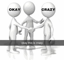 three cartoon characters shaking hands with okay and crazy on their heads