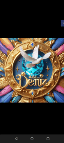 a deniz logo with feathers and a dove in the middle