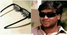 a man wearing sunglasses and a pair of glasses with a comb on them