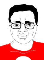 a cartoon drawing of a man wearing glasses and a red shirt