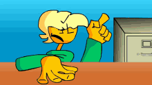 a cartoon character is giving a thumbs up in front of a file cabinet