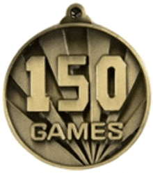 a gold medal with the words `` 150 games '' written on it .