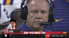 a man wearing headphones watches a football game on a screen that says 28 yd rec td