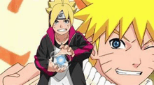 naruto and boruto are standing next to each other in a cartoon . boruto is holding a blue ball in his hand .