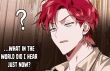 a man with red hair has a question mark above his head and the words " what in the world did i hear just now "