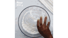 a person is holding a bowl of flour with their hand .