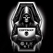 a black and white illustration of a skeleton in a hood holding a laptop with the word coffinxp on it