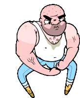 a cartoon drawing of a bald man with a beard wearing a white tank top and blue jeans