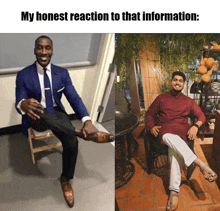 a man in a suit and tie sits on a stool next to another man in a red shirt