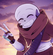 a cartoon character with a scarf around his neck is giving a peace sign