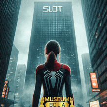 a woman in a spider-man costume is standing in front of a building that says slot